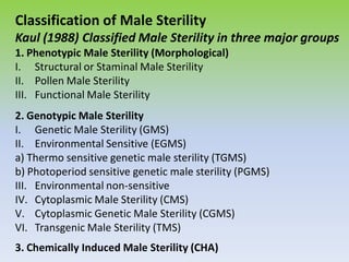 Classification of Male Sterility
Kaul (1988) Classified Male Sterility in three major groups
1. Phenotypic Male Sterility (Morphological)
I. Structural or Staminal Male Sterility
II. Pollen Male Sterility
III. Functional Male Sterility
2. Genotypic Male Sterility
I. Genetic Male Sterility (GMS)
II. Environmental Sensitive (EGMS)
a) Thermo sensitive genetic male sterility (TGMS)
b) Photoperiod sensitive genetic male sterility (PGMS)
III. Environmental non-sensitive
IV. Cytoplasmic Male Sterility (CMS)
V. Cytoplasmic Genetic Male Sterility (CGMS)
VI. Transgenic Male Sterility (TMS)
3. Chemically Induced Male Sterility (CHA)
 