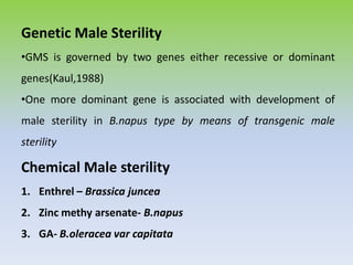 Genetic Male Sterility
•GMS is governed by two genes either recessive or dominant
genes(Kaul,1988)
•One more dominant gene is associated with development of
male sterility in B.napus type by means of transgenic male
sterility
Chemical Male sterility
1. Enthrel – Brassica juncea
2. Zinc methy arsenate- B.napus
3. GA- B.oleracea var capitata
 