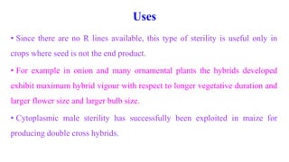 Uses
• Since there are no R lines available, this type of sterility is useful only in
crops where seed is not the end product.
• For example in onion and many ornamental plants the hybrids developed
exhibit maximum hybrid vigour with respect to longer vegetative duration and
larger flower size and larger bulb size.
• Cytoplasmic male sterility has successfully been exploited in maize for
producing double cross hybrids.
 