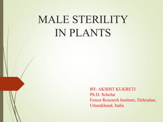 MALE STERILITY
IN PLANTS
BY: AKSHIT KUKRETI
Ph.D. Scholar
Forest Research Institute, Dehradun,
Uttarakhand, India
 