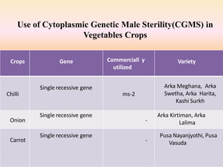 Crops Gene Commerciall y
utilized
Variety
Chilli
Single recessive gene
ms-2
Arka Meghana, Arka
Swetha, Arka Harita,
Kashi Surkh
Onion
Single recessive gene
-
Arka Kirtiman, Arka
Lalima
Carrot
Single recessive gene
-
Pusa Nayanjyothi, Pusa
Vasuda
Use of Cytoplasmic Genetic Male Sterility(CGMS) in
Vegetables Crops
 