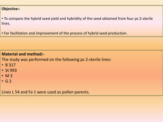 Material and method:-
The study was performed on the following ps 2-sterile lines:
• B 317
• St 993
• M 3
• G 2
Lines L 54 and Fa 1 were used as pollen parents.
Objective:-
• To compare the hybrid seed yield and hybridity of the seed obtained from four ps 2-sterile
lines.
• For facilitation and improvement of the process of hybrid seed production.
 
