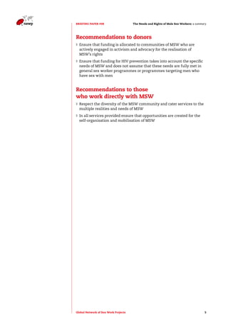 The Needs and Rights o BRIEFING PAPER #08 f Male Sex Workers: a summary 
Recommendations to donors 
◗◗ Ensure that funding is allocated to communities of MSW who are 
actively engaged in activism and advocacy for the realisation of 
MSW’s rights 
◗◗ Ensure that funding for HIV prevention takes into account the specific 
needs of MSW and does not assume that these needs are fully met in 
general sex worker programmes or programmes targeting men who 
have sex with men 
Recommendations to those 
who work directly with MSW 
◗◗Respect the diversity of the MSW community and cater services to the 
multiple realities and needs of MSW 
◗◗ In all services provided ensure that opportunities are created for the 
self-organisation and mobilisation of MSW 
Global Network of Sex Work Projects 5 
 