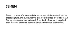 SEMEN
Semen consists of sperm and the secretions of the seminal vesicles,
prostate gland, and bulbourethral glands; its average pH is about 7.4.
During ejaculation, approximately 2 to 4 mL of semen is expelled.
Each milliliter of semen contains about 100 million sperm cells.
 