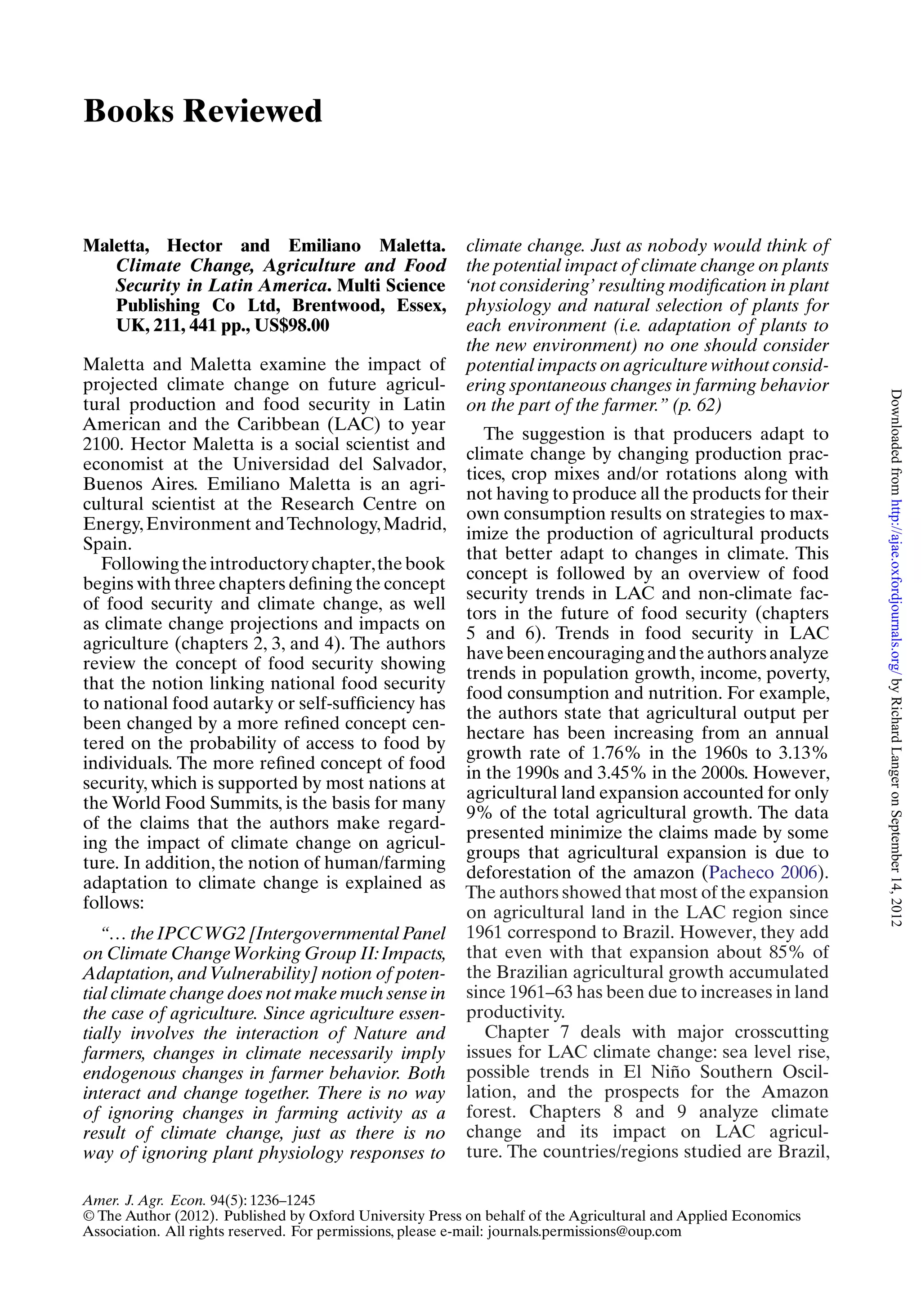 Maletta book review climate change am.soc.agr.econ. 2012 PDF