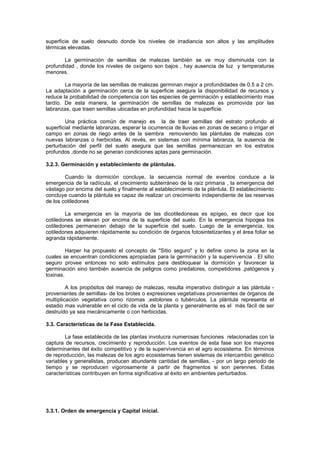 superficie de suelo desnudo donde los niveles de irradiancia son altos y las amplitudes
térmicas elevadas.
La germinación de semillas de malezas también se ve muy disminuida con la
profundidad , donde los niveles de oxígeno son bajos , hay ausencia de luz y temperaturas
menores.
La mayoría de las semillas de malezas germinan mejor a profundidades de 0.5 a 2 cm.
La adaptación a germinación cerca de la superficie asegura la disponibilidad de recursos y
reduce la probabilidad de competencia con las especies de germinación y establecimiento mas
tardío. De esta manera, la germinación de semillas de malezas es promovida por las
labranzas, que traen semillas ubicadas en profundidad hacia la superficie.
Una práctica común de manejo es la de traer semillas del estrato profundo al
superficial mediante labranzas, esperar la ocurrencia de lluvias en zonas de secano o irrigar el
campo en zonas de riego antes de la siembra removiendo las plántulas de malezas con
nuevas labranzas o herbicidas. Al revés, en sistemas con mínima labranza, la ausencia de
perturbación del perfil del suelo asegura que las semillas permanezcan en los estratos
profundos ,donde no se generan condiciones aptas para germinación.
3.2.3. Germinación y establecimiento de plántulas.
Cuando la dormición concluye, la secuencia normal de eventos conduce a la
emergencia de la radíicula, el crecimiento subterráneo de la raíz primaria , la emergencia del
vástago por encima del suelo y finalmente al establecimiento de la plántula. El establecimiento
concluye cuando la plántula es capaz de realizar un crecimiento independiente de las reservas
de los cotiledones
La emergencia en la mayoría de las dicotiledoneas es epígeo, es decir que los
cotiledones se elevan por encima de la superficie del suelo. En la emergencia hipogea los
cotiledones permanecen debajo de la superficie del suelo. Luego de la emergencia, los
cotiledones adquieren rápidamente su condición de órganos fotosintetizantes y el área foliar se
agranda rápidamente.
Harper ha propuesto el concepto de "Sitio seguro" y lo define como la zona en la
cuales se encuentran condiciones apropiadas para la germinación y la supervivencia . El sitio
seguro provee entonces no solo estímulos para desbloquear la dormición y favorecer la
germinación sino también ausencia de peligros como predatores, competidores ,patógenos y
toxinas.
A los propósitos del manejo de malezas, resulta imperativo distinguir a las plántula -
provenientes de semillas- de los brotes o expresiones vegetativas provenientes de órganos de
multiplicación vegetativa como rizomas ,estolones o tubérculos. La plántula representa el
estadio mas vulnerable en el ciclo de vida de la planta y generalmente es el más fácil de ser
destruído ya sea mecánicamente o con herbicidas.
3.3. Características de la Fase Establecida.
La fase establecida de las plantas involucra numerosas funciones relacionadas con la
captura de recursos, crecimiento y reproducción. Los eventos de esta fase son los mayores
determinantes del éxito competitivo y de la supervivencia en el agro ecosistema. En términos
de reproducción, las malezas de los agro ecosistemas tienen sistemas de intercambio genético
variables y generalistas, producen abundante cantidad de semillas, - por un largo periodo de
tiempo y se reproducen vigorosamente a partir de fragmentos si son perennes. Estas
características contribuyen en forma significativa al éxito en ambientes perturbados.
3.3.1. Orden de emergencia y Capital inicial.
 