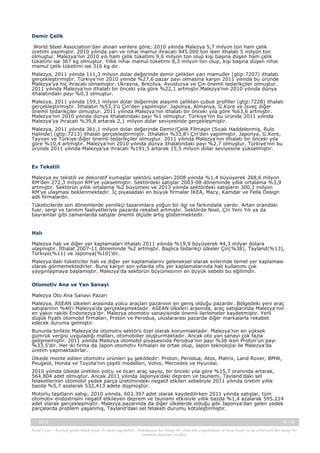 Demir Çelik
 World Steel Association’dan alınan verilere göre; 2010 yılında Malezya 5,7 milyon ton ham çelik
üretimi yapmıştır. 2010 yılında yarı ve nihai mamul ihracatı 945.000 ton iken ithalatı 5 milyon ton
olmuştur. Malezya’nın 2010 yılı ham çelik tüketimi 9,6 milyon ton olup kişi başına düşen ham çelik
tüketimi ise 367 kg olmuştur. Yıllık nihai mamul tüketimi 8,3 milyon ton olup, kişi başına düşen nihai
mamul çelik tüketimi ise 316 kg dır. 
Malezya, 2011 yılında 111,3 milyon dolar değerinde demir çelikten yarı mamuller (gtip:7207) ithalatı
gerçekleştirmiştir. Türkiye’nin 2010 yılında %27,6 pazar payı olmasına karşın 2011 yılında bu üründe
Malezya’ya hiç ihracatı olmamıştır. Ukrayna, Brezilya, Avusturya ve Çin önemli tedarikçiler olmuştur.
2011 yılında Malezya’nın ithalatı bir önceki yıla göre %22,1 artmıştır.Malezya’nın 2010 yılında dünya
ithalatındaki payı %0,3 olmuştur.
Malezya, 2011 yılında 159,1 milyon dolar değerinde alaşımlı çelikten çubuk profiller (gtip:7228) ithalatı
gerçekleştirmiştir. İthalatın %53,3’ü Çin’den yapılmıştır. Japonya, Almanya, G.Kore ve İsveç diğer
önemli tedarikçiler olmuştur. 2011 yılında Malezya’nın ithalatı bir önceki yıla göre %63,6 artmıştır.
Malezya’nın 2010 yılında dünya ithalatındaki payı %1 olmuştur. Türkiye’nin bu üründe 2011 yılında
Malezya’ya ihracatı %39,8 artarak 2,1 milyon dolar seviyesinde gerçekleşmiştir.
Malezya, 2011 yılında 361,1 milyon dolar değerinde Demir/Çelik Filmaşin (Sıcak Haddelenmiş, Rulo
Halinde) (gtip:7213) ithalatı gerçekleştirmiştir. İthalatın %33,8’i Çin’den yapılmıştır. Japonya, G.Kore,
Tayvan ve Türkiye diğer önemli tedarikçiler olmuştur. 2011 yılında Malezya’nın ithalatı bir önceki yıla
göre %10,4 artmıştır. Malezya’nın 2010 yılında dünya ithalatındaki payı %2,7 olmuştur. Türkiye’nin bu
üründe 2011 yılında Malezya’ya ihracatı %191,5 artarak 15,5 milyon dolar seviyesine yükselmiştir.
 
Ev Tekstili
Malezya ev tekstili ve dekoratif kumaşlar sektörü satışları 2008 yılında %1,4 büyüyerek 268,6 milyon
RM’den 272,3 milyon RM’ye yükselmiştir. Sektördeki satışlar 2003-08 döneminde yıllık ortalama %3,9
artmıştır. Sektörün yıllık ortalama %2 büyümesi ve 2013 yılında sektördeki satışların 300,1 milyon
RM’ye ulaşması beklenmektedir. İç piyasadaki en büyük firmalar IKEA, Macy, Kamdar ve Fella Design
adlı firmalardır.
Tüketicilerde son dönemlerde yenilikçi tasarımlara yoğun bir ilgi ve farkındalık vardır. Artan orandaki
fuar, sergi ve tanıtım faaliyetleriyle pazarda rekabet artmıştır. Sektörde Noel, Çin Yeni Yılı ya da
bayramlar gibi zamanlarda satışlar önemli ölçüde artış göstermektedir. 
 
Halı
Malezya halı ve diğer yer kaplamaları ithalatı 2011 yılında %19,9 büyüyerek 44,3 milyar dolara
ulaşmıştır. İthalat 2007-11 döneminde %2 artmıştır. Başlıca tedarikçi ülkeler Çin(%38), Tayland(%13),
Türkiye(%11) ve Japonya(%10)’dır.
Malezya’daki tüketiciler halı ve diğer yer kaplamalarını geleneksel olarak evlerinde temel yer kaplaması
olarak görmemektedirler. Buna karşın son yıllarda ofis yer kaplamalarında halı kullanımı çok
yaygınlaşmaya başlamıştır. Malezya’da sektörün büyümesinin en büyük sebebi bu eğilimdir.
Otomotiv Ana ve Yan Sanayi
Malezya Oto Ana Sanayi Pazarı
Malezya, ASEAN ülkeleri arasında yolcu araçları pazarının en geniş olduğu pazardır. Bölgedeki yeni araç
satışlarının %40’ı Malezya’da gerçekleşmektedir. ASEAN ülkeleri arasında, araç satışlarında Malezya’nın
en yakın rakibi Endonezya’dır. Malezya otomotiv sanayisinde önemli ilerlemeler kaydetmiştir. Yerli
düşük fiyatlı otomobil firmaları, Proton ve Perodua, uluslararası pazarda diğer markalarla rekabet
edecek duruma gelmiştir. 
Bununla birlikte Malezya’da otomotiv sektörü özel olarak korunmaktadır. Malezya’nın en yüksek
gümrük vergisi uyguladığı malları, otomobiller oluşturmaktadır. Ancak oto yan sanayi çok fazla
gelişmemiştir. 2011 yılında Malezya otomobil piyasasında Perodua’nın payı %38 iken Proton’un payı
%33,5’dir. Her iki firma da Japon otomotiv firmaları ile ortak olup, Japon teknolojisi ile Malezya’da
üretim yapmaktadırlar.
Ülkede monte edilen otomotiv ürünleri şu şekildedir: Proton, Perodua, Atos, Matrix, Land Rover, BMW,
Peugeot, Honda ve Toyota’nın çeşitli modelleri, Volvo, Mercedes ve Hyundai.
2010 yılında ülkede üretilen yolcu ve ticari araç sayısı, bir önceki yıla göre %15,7 oranında artarak,
564.804 adet olmuştur. Ancak 2011 yılında Japonya’daki deprem ve tsunami, Tayland’daki sel
felaketlerinin otomobil yedek parça üretimindeki negatif etkileri sebebiyle 2011 yılında üretim yıllık
bazda %5,7 azalarak 532,413 adete düşmüştür.
Motorlu taşıtların satışı, 2010 yılında, 603.397 adet olarak kaydedilirken 2011 yılında satışlar, tüm
otomotiv endüstrisini negatif etkileyen deprem ve tsunami etkisiyle yıllık bazda %1,4 azalarak 595.214
adet olarak gerçekleşmiştir. Malezya pazarında da diğer ülkelerde olduğu gibi Japonya’dan gelen yedek
parçalarda problem yaşanmış, Tayland’daki sel felaketi durumu kötüleştirmiştir. 
-, 2013

36 / 38

Yasal Uyarı : Kaynak gösterilmek kaydı ile alıntı yapılabilir. Dokümanın her hangi bir yöntemle çoğaltılması ve/veya basılı ya da elektronik her hangi bir
ortamda dağıtımı yasaktır.

 