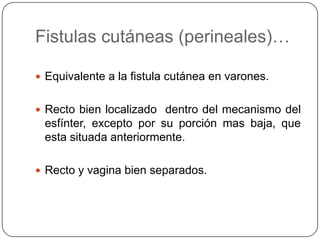 Fistulas cutáneas (perineales)…

 Equivalente a la fistula cutánea en varones.


 Recto bien localizado dentro del mecanismo del
 esfínter, excepto por su porción mas baja, que
 esta situada anteriormente.

 Recto y vagina bien separados.
 