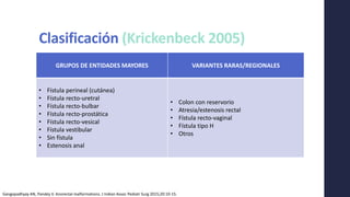 Clasificación (Krickenbeck 2005)
GRUPOS DE ENTIDADES MAYORES VARIANTES RARAS/REGIONALES
• Fístula perineal (cutánea)
• Fístula recto-uretral
• Fístula recto-bulbar
• Fístula recto-prostática
• Fístula recto-vesical
• Fístula vestibular
• Sin fístula
• Estenosis anal
• Colon con reservorio
• Atresia/estenosis rectal
• Fístula recto-vaginal
• Fístula tipo H
• Otros
Gangopadhyay AN, Pandey V. Anorectal malformations. J Indian Assoc Pediatr Surg 2015;20:10-15.
 