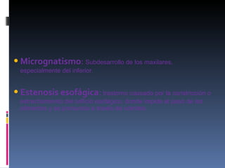 Micrognatismo :  Subdesarrollo de los maxilares, especialmente del inferior . Estenosis esofágica :  trastorno causado por la constricción o estrechamiento del orificio esofágico, donde impide el paso de los alimentos y se pronuncia a través de vómitos. 