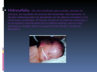 Hidrocefalia.-   Es otra condición que a veces, aunque no siempre, es resultado de errores del desarrollo. Normalmente, el líquido cefalorraquídeo es secretado por los plexos coroideos a los ventrículos cerebrales. El líquido circula en el sistema ventricular y en el espacio subcranoideo de la médula espinal, pero su flujo principal es dirigido sobre la superficie del cerebro, donde es absorbido.  