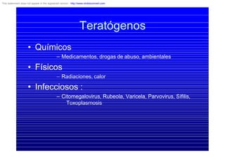 Teratógenos
• Químicos
– Medicamentos, drogas de abuso, ambientales
• Físicos
– Radiaciones, calor
• Infecciosos :
– Citomegalovirus, Rubeola, Varicela, Parvovirus, Sífilis,
Toxoplasmosis
This watermark does not appear in the registered version - http://www.clicktoconvert.com
 