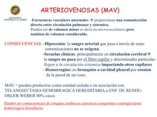 ARTERIOVENOSAS (MAV)
-Estructuras vasculares anormales  proporciònan una comunicaciòn
directa entre circulaciòn pulmonar ...
