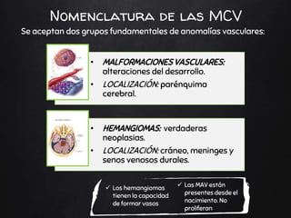 Nomenclatura de las MCV
 Los hemangiomas
tienen la capacidad
de formar vasos
Se aceptan dos grupos fundamentales de anomalías vasculares:
• MALFORMACIONES VASCULARES:
alteraciones del desarrollo.
• LOCALIZACIÓN: parénquima
cerebral.
• HEMANGIOMAS: verdaderas
neoplasias.
• LOCALIZACIÓN: cráneo, meninges y
senos venosos durales.
 Las MAV están
presentes desde el
nacimiento. No
proliferan
 