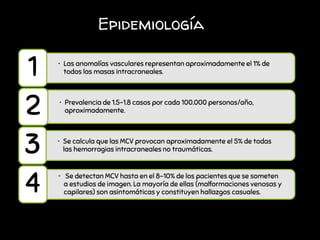 Epidemiología
• Las anomalías vasculares representan aproximadamente el 1% de
todos las masas intracraneales.
1
• Prevalencia de 1.5-1.8 casos por cada 100.000 personas/año,
aproximadamente.
2
• Se calcula que las MCV provocan aproximadamente el 5% de todas
las hemorragias intracraneales no traumáticas.
3
• Se detectan MCV hasta en el 8-10% de los pacientes que se someten
a estudios de imagen. La mayoría de ellas (malformaciones venosas y
capilares) son asintomáticas y constituyen hallazgos casuales.
4
 