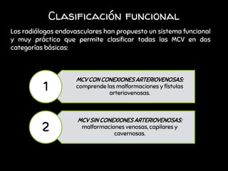 Los radiólogos endovasculares han propuesto un sistema funcional
y muy práctico que permite clasificar todas las MCV en dos
categorías básicas:
Clasificación funcional
MCV CON CONEXIONES ARTERIOVENOSAS:
comprende las malformaciones y fístulas
arteriovenosas.
MCV SIN CONEXIONES ARTERIOVENOSAS:
malformaciones venosas, capilares y
cavernosas.
 
