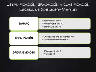 Estadificación, gradación y clasificación
Escala de Spetzler-Martin
• Pequeño « 3 cm) = 1
• Mediano (3-6 cm) = 2
• Grande (> 6 cm) = 3
TAMAÑO
• En una zona «no elocuente» = 0
• En cerebro «elocuente» = 1
LOCALIZACIÓN
• Sólo superficial = 0
• Profundo = 1
DRENAJE VENOSO
 