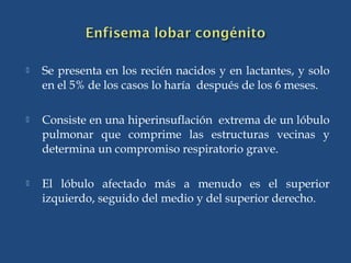  Se presenta en los recién nacidos y en lactantes, y solo
en el 5% de los casos lo haría después de los 6 meses.
 Consiste en una hiperinsuflación extrema de un lóbulo
pulmonar que comprime las estructuras vecinas y
determina un compromiso respiratorio grave.
 El lóbulo afectado más a menudo es el superior
izquierdo, seguido del medio y del superior derecho.
 