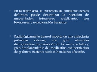  En la hipoplasia, la existencia de conductos aéreos
deformes puede determinar la retención de
mucosidades, infecciones recidivantes con
broncorrea y expectoración hemática.
 Radiológicamente tiene el aspecto de una atelectasia
pulmonar extrema, con gran elevación
diafragmática, aproximación de los arcos costales y
gran desplazamiento del mediastino con herniación
del pulmón existente hacia el hemitorax afectado.
 