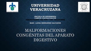 UNIVERSIDAD
VERACRUZANA
ESCUELA DE ENFERMERIA
CAMPUS COATZACOALCOS
FISIOPATOLOGIA DEL NIÑO Y DEL ADOLECENTE
MASC. LAURA HERNANDEZ SALVADOR
MALFORMACIONES
CONGÉNITAS DEL APARATO
DIGESTIVO
 