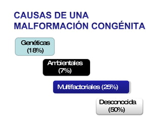 Genéticas (18%) Ambientales (7%) Multifactoriales (25%) Desconocida (50%)  