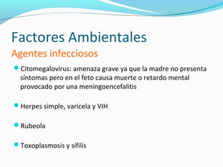 Factores Ambientales
Agentes infecciosos
Citomegalovirus: amenaza grave ya que la madre no presenta
  síntomas pero en el feto causa muerte o retardo mental
  provocado por una meningoencefalitis

Herpes simple, varicela y VIH

Rubeola

Toxoplasmosis y sífilis
 