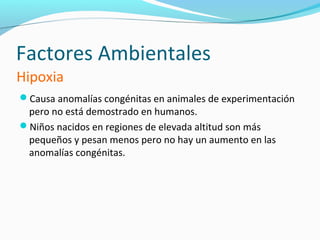 Factores Ambientales
Hipoxia
Causa anomalías congénitas en animales de experimentación
 pero no está demostrado en humanos.
Niños nacidos en regiones de elevada altitud son más
 pequeños y pesan menos pero no hay un aumento en las
 anomalías congénitas.
 