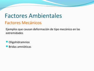 Factores Ambientales
Factores Mecánicos
Ejemplos que causan deformación de tipo mecánico en las
extremidades

Oligohidramnios
Bridas amnióticas
 