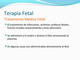 Terapia Fetal
Tratamiento Médico Fetal
El tratamiento de infecciones, arritmias cardíacas fetales,
  función tiroidea comprometida y otras afecciones

Se administra a la madre y alcanza al feto atravesando la
  placenta.

En algunos casos son administrados directamente al feto.
 