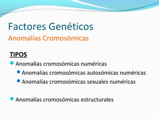 Factores Genéticos
Anomalías Cromosómicas

TIPOS
Anomalías cromosómicas numéricas
  Anomalías cromosómicas autosómicas numéricas
  Anomalías cromosómicas sexuales numéricas


Anomalías cromosómicas estructurales
 