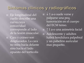    Eje longitudinal del          1 a-o suele verse y
    cuello describe una          palparse una peq.
    curva cuya                   tumoración en el cuerpo
    concavidad                   del ECM tenso.
    corresponde al lado         ↑ 1 a-o una asimetría facial
    de la lesión muscular.      Adolescente y adultos
   Cara y cráneo son            habrá hendidura palpebral
    desplazados. La cara         y un pabellón auricular
    no mira hacia delante        mas pequeño.
    sino hacia el lado
    opuesto del tortícolis
 