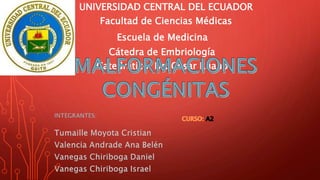 UNIVERSIDAD CENTRAL DEL ECUADOR
Facultad de Ciencias Médicas
Escuela de Medicina
Catedrático: Dr. César Ruano
Cátedra de Embriología
 