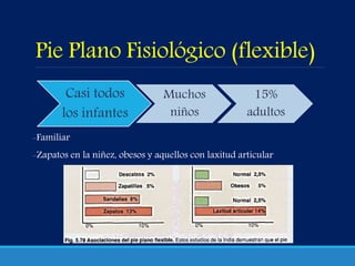 Pie Plano Fisiológico (flexible)
-Familiar
-Zapatos en la niñez, obesos y aquellos con laxitud articular
Casi todos
los infantes
Muchos
niños
15%
adultos
 