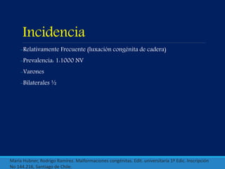 Incidencia
-Relativamente Frecuente (luxación congénita de cadera)
-Prevalencia: 1:1000 NV
-Varones
-Bilaterales ½
María Hubner, Rodrigo Ramírez. Malformaciones congénitas. Edit. universitaria 1ª Edic. Inscripción
No 144.216, Santiago de Chile.
 