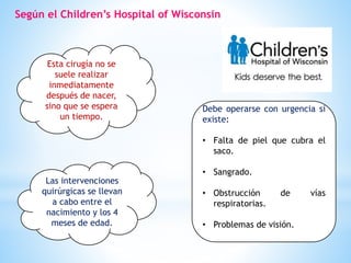 Según el Children’s Hospital of Wisconsin
Esta cirugía no se
suele realizar
inmediatamente
después de nacer,
sino que se espera
un tiempo.
Las intervenciones
quirúrgicas se llevan
a cabo entre el
nacimiento y los 4
meses de edad.
Debe operarse con urgencia si
existe:
• Falta de piel que cubra el
saco.
• Sangrado.
• Obstrucción de vías
respiratorias.
• Problemas de visión.
 