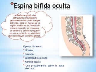 *Espina bífida oculta
Algunas tienen un:
*Lipoma
*Hoyuelo,
*Vellosidad localizada
*Mancha oscura
* Una protuberancia sobre la zona
afectada.
La medula espinal y las
estructuras circundantes
permanecen dentro del cuerpo
del bebe, pero los huesos de la
región lumbar no se forman de
manera normal y se encuentra
un defecto o boquete pequeño
en una o varias de las vértebras
que constituyen la espina dorsal.
 