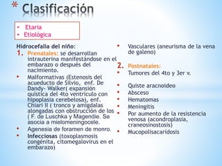 *
Hidrocefalia del niño:
1. Prenatales: se desarrollan
intrauterina manifestándose en el
embarazo o después del
nacimiento.
• Malformativas (Estenosis del
acueducto de Silvio, enf. De
Dandy- Walker( expansión
quística del 4to ventrículo con
hipoplasia cerebelosa), enf.
Chiari II ( tronco y amígdalas
alongadas con obstrucción de los
( F. de Luschka y Magendie. Se
asocia a mielomeningocele.
• Agenesia de foramen de monro.
• Infecciosas (toxoplasmosis
congénita, citomegalovirus en el
embarazo)
• Vasculares (aneurisma de la vena
de galeno)
2. Postnatales:
• Tumores del 4to y 3er v.
• Quiste aracnoideo
• Absceso
• Hematomas
• Meningitis
• Por aumento de la resistencia
venosa (acondroplasia,
craneosinostosis)
• Mucopolisacaridosis
• Etaria
• Etiológica
 