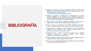 BIBLIOGRAFÍA
 Bidondo, M., Groisman, B., Flores, R., Ormazabal, M., & Barbero, P. (2015). Atlas
RENAC. Guía para la detección y descripción de las anomalías congénitas. 1–53.
http://www.msal.gov.ar/congenitas/wp-
content/uploads/sites/2/2015/02/Atlas-ReCom.pdf
 Medina S, C., Aguirre F, J., Montecinos G, J., & Schiappacasse F, G. (2015).
Revisión pictográfica de las anomalías de los conductos de Müller por
resonancia magnética. Revista Chilena de Obstetricia y Ginecología, 80(2), 181–
190. https://doi.org/10.4067/s0717-75262015000200014
 Perich Durán, R. M. (2012). Cardiopatías congénitas más frecuentes y
seguimiento en atención primaria. Pediatria Integral, 16(8), 622–635.
 Puri, K., Allen, H. D., & Qureshi, A. M. (2017). Congenital heart disease.
Pediatrics in Review, 38(10), 471–484. https://doi.org/10.1542/pir.2017-0032
 Manouvrier-Hanu, S., & Mezel, A. (2011). Clasificación de las malformaciones
congénitas de los miembros. EMC - Aparato Locomotor, 44(1), 1–6.
https://doi.org/10.1016/s1286-935x(11)70980-7
 Martínez-Frías, M. L. (2010). Características generales de los defectos
congénitos, terminología y causas. Semergen, 36(3), 135–139.
https://doi.org/10.1016/j.semerg.2009.12.012
 Gutierrez Segura, A; Gomez Farpon, A. (2014). Anomalías congénitas del útero.
Progresos de Obstetricia y Ginecología, 57(4), 191–200.
 De Vicente, C. M. (2016). Malformaciones congénitas de las vías respiratorias
inferiores. Pediatria Integral, 20(1), 51–61.
 
