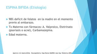 ESPINA BIFIDA (Etiología)
 98% deficit de folatos en la madre en el momento
previo al embarazo.
 Tx Materno con fármacos: A. Valproico, Etetrinato
(psoriasis o acné), Carbamazepina.
 Edad materna.
Aparicio J.M. Espina bifida. Neuropediatría. Hops Ramon MADRID. Asoc Esp. Pediatrica 2007.
 