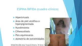 ESPINA BIFIDA (cuadro clínico)
 Hipertricosis
 Área de piel atrófica o
hiperpigmentada
 Hundimiento
 Cifoescoliosis
 Pies equinovaros
 Asimetría de extremidades
KIEGMAN RM.(2006).Nelson Tratado De Pediatria. 18ª edición. Elsevier; México.
 