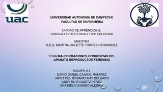 UNIVERSIDAD AUTONOMA DE CAMPECHE
FACULTAD DE ENFERMERIA
UNIDAD DE APRENDIZAJE:
CIRUGIA OBSTRETRICA Y GINECOLOGICA
MAESTRA
E.E.Q. MARTHA ARLETTE TORRES HERNANDEZ
TEMA:MALFORMACIONES CONGENITAS DEL
APARATO REPRODUCTOR FEMENINO
EQUIPO # 2
DARIO DANIEL CAAMAL RAMIREZ
JANET DEL ROSARIO MAY DELGADO
ADDY RUTH QUETZ PEREZ
ANA ISELA OVANDO ALEGRIA
 