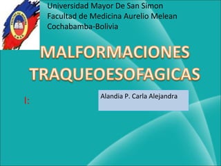Universidad Mayor De San Simon
Facultad de Medicina Aurelio Melean
Cochabamba-Bolivia

I:

Alandia P. Carla Alejandra

 