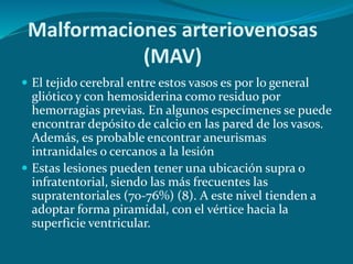 Malformaciones arteriovenosas
(MAV)
 El tejido cerebral entre estos vasos es por lo general
gliótico y con hemosiderina como residuo por
hemorragias previas. En algunos especímenes se puede
encontrar depósito de calcio en las pared de los vasos.
Además, es probable encontrar aneurismas
intranidales o cercanos a la lesión
 Estas lesiones pueden tener una ubicación supra o
infratentorial, siendo las más frecuentes las
supratentoriales (70-76%) (8). A este nivel tienden a
adoptar forma piramidal, con el vértice hacia la
superficie ventricular.
 