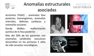 Anomalías estructurales
asociadas
Acrónimo PHACE : anomalías fosa
posterior, hemangiomas, anomalías
arteriales, defectos cardíacos y
anomalías oculares
Dandy Walker.- malformación
quística de la fosa posterior.
Más del 50% de los pacientes con
anomalías cerebrales vasculares
desarrollan en los primeros 5 años
de vida secuelas neurológicas.
23
 