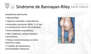 Sindrome de Bannayan-Riley
Autosómica dominante
• Macrocefalia
• Lipomas viscerales o subcutáneos
• Anomalías vasculares (MAV, C y V son
un componente menor del síndrome)
• Anormalidades esqueléticas.
• SNC: hipotonía, retraso mental y
convulsiones.
• Pólipos hamartomatosos en íleon
terminal y colon.
• Tiroiditis de Hashimoto y
anormalidades retinianas.
53
 