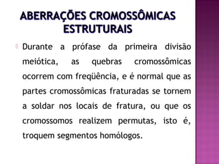 

Durante a prófase da primeira divisão
meiótica,

as

quebras

cromossômicas

ocorrem com freqüência, e é normal que as
partes cromossômicas fraturadas se tornem
a soldar nos locais de fratura, ou que os
cromossomos realizem permutas, isto é,
troquem segmentos homólogos.

 