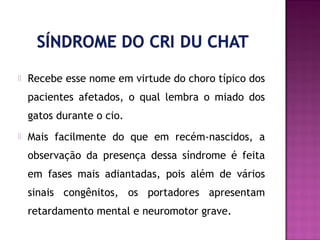 

Recebe esse nome em virtude do choro típico dos
pacientes afetados, o qual lembra o miado dos
gatos durante o cio.



Mais facilmente do que em recém-nascidos, a
observação da presença dessa síndrome é feita
em fases mais adiantadas, pois além de vários
sinais congênitos, os portadores apresentam
retardamento mental e neuromotor grave.

 