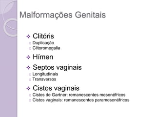 Malformações Genitais
 Clitóris
o Duplicação
o Clitoromegalia
 Hímen
 Septos vaginais
o Longitudinais
o Transversos
 Cistos vaginais
o Cistos de Gartner: remanescentes mesonéfricos
o Cistos vaginais: remanescentes paramesonéfricos
 