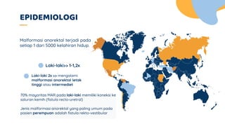 EPIDEMIOLOGI
Laki-laki>> 1-1,2x
70% mayoritas MAR pada laki-laki memiliki koneksi ke
saluran kemih (fistula recto-uretral)
Jenis malformasi anorektal yang paling umum pada
pasien perempuan adalah fistula rekto-vestibular
Malformasi anorektal terjadi pada
setiap 1 dari 5000 kelahiran hidup.
Laki-laki 2x >> mengalami
malformasi anorektal letak
tinggi atau intermediet
 