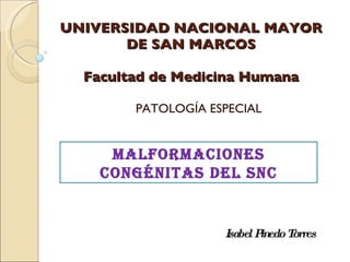 UNIVERSIDAD NACIONAL MAYOR DE SAN MARCOS Facultad de Medicina Humana PATOLOGÍA ESPECIAL MALFORMACIONES Congénitas DEL SNC Isabel Pinedo Torres 